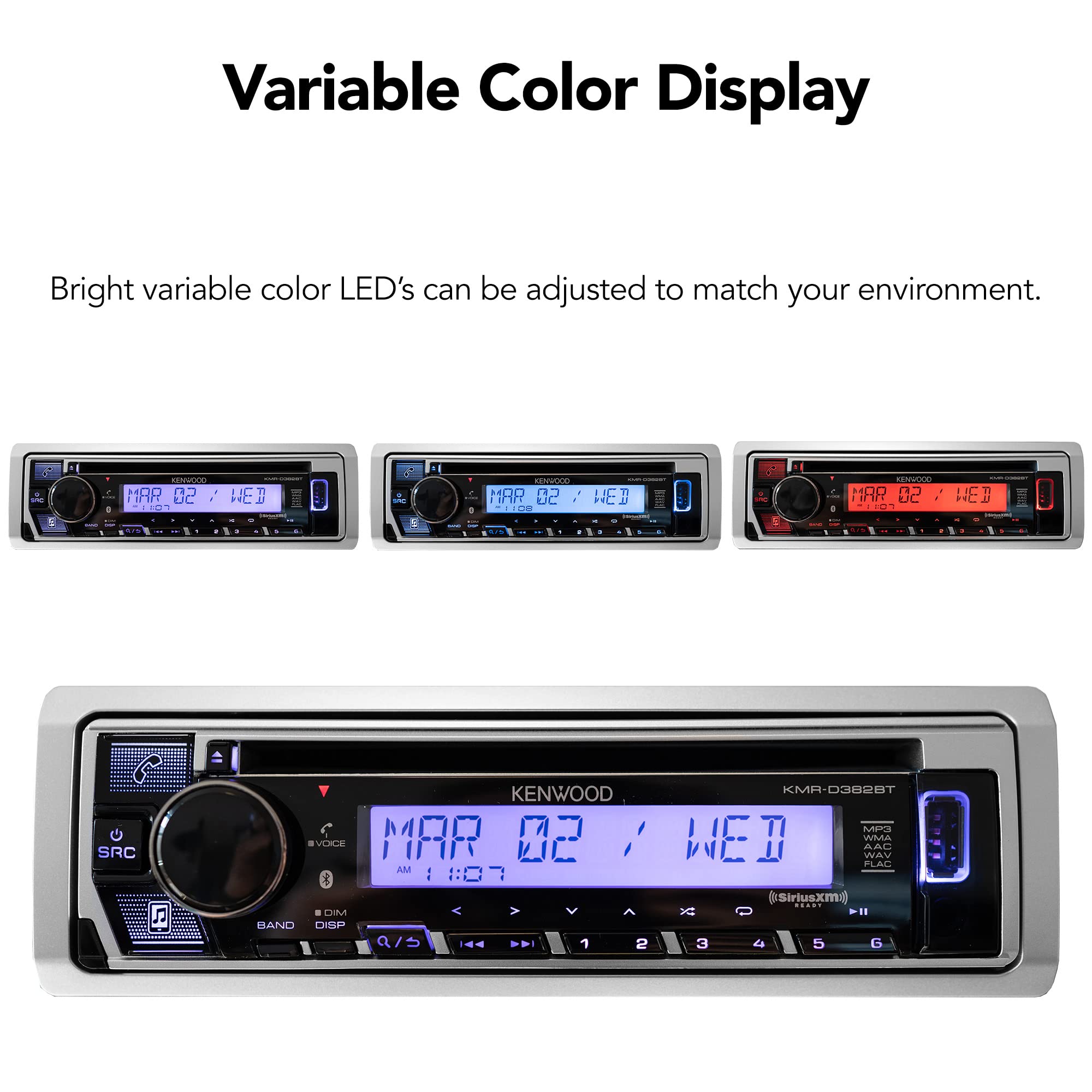 Kenwood KMR-D378BT Marine/Motorsports CD AM/FM Radio, Bluetooth, Amazon Alexa Compatible, SiriusXM Ready, Wireless Streaming - Pandora & Spotify, USB and AUX Input, Variable Color Display Kenwood KMR-D378BT Marine/Motorsports CD AM/FM Radio, Bluetooth, Amazon Alexa Compatible, SiriusXM Ready, Wireless Streaming - Pandora & Spotify, USB and AUX Input, Variable Color Display